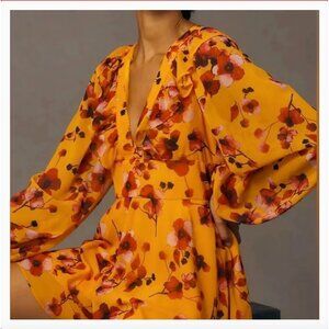 NWT Anthropologie HUTCH Yellow Floral Long Sleeve v-Neck Shorts Romper Ruffle XS
